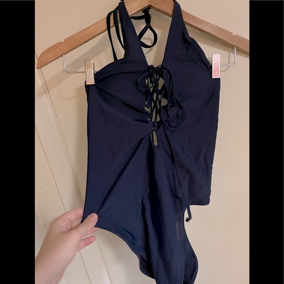 Aerie Navy blue lace up front one piece halter swimsuit size S - Picture 2 of 6